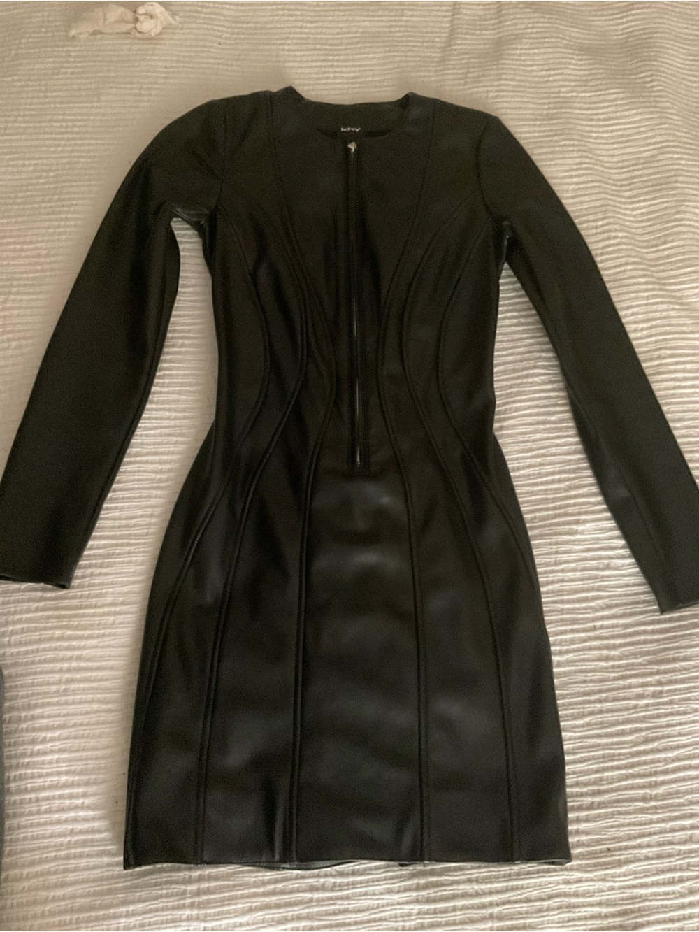 Faux Leather Long-Sleeve Bodycon Dress - Black